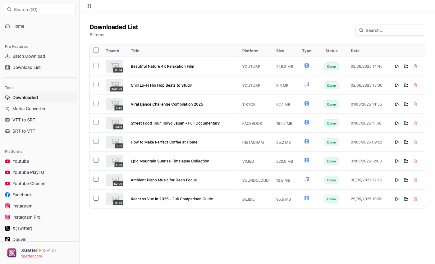 Downloads list